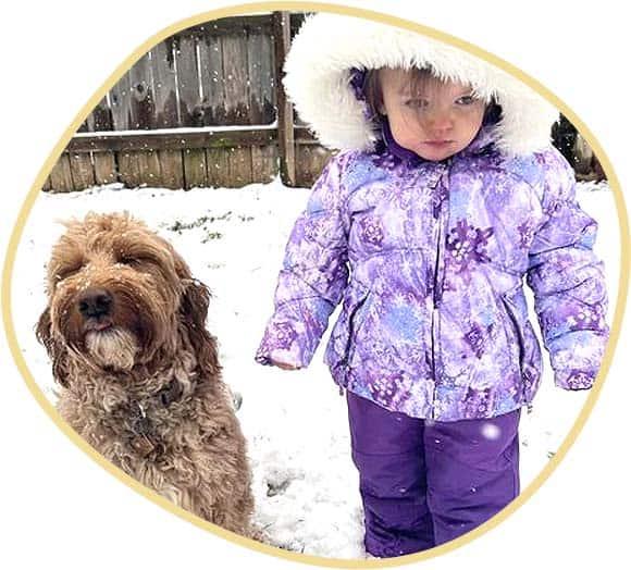 Little girl with her Goldendoodle puppy during winter snow.